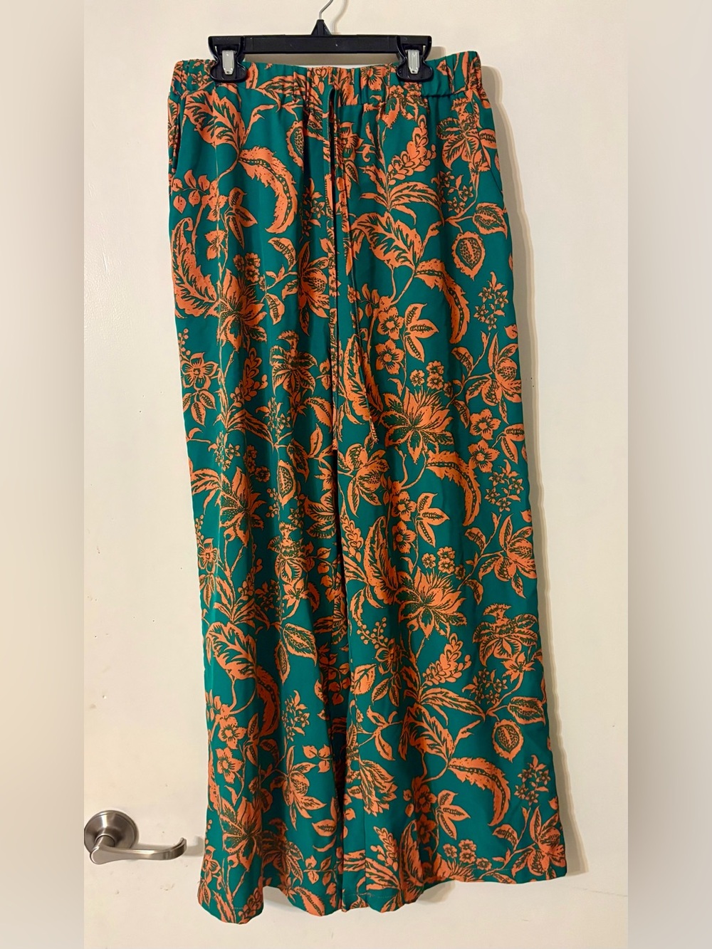 Shein Sz Large Tropical Floral Print Wide-leg Pants Elastic Waist Green/ Orange